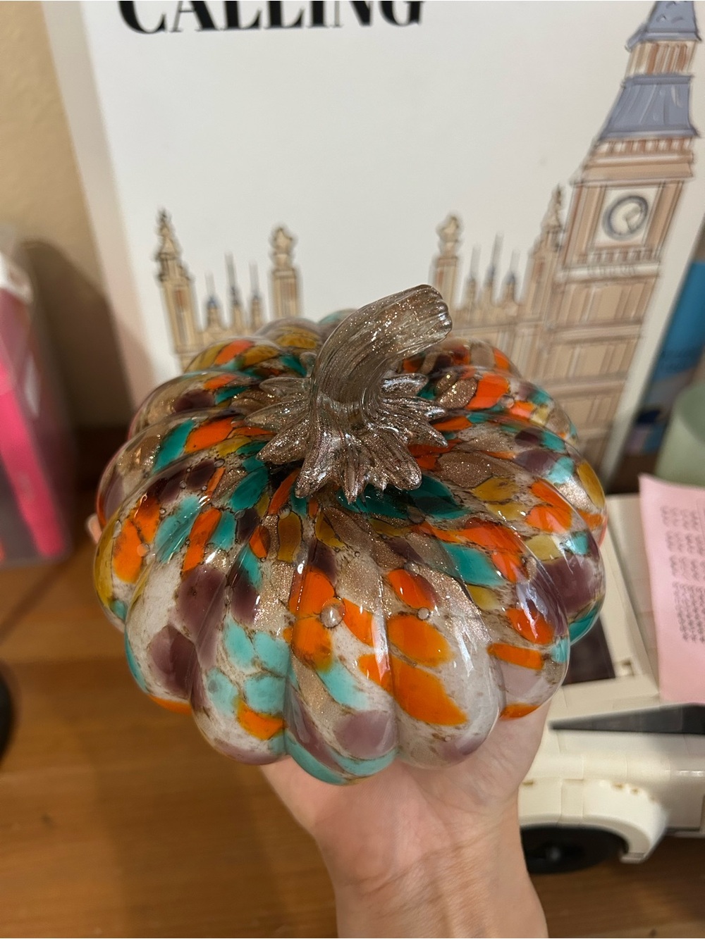 Handblown Multicolor Glass Pumpkin Sculpture - Decorative Home Art